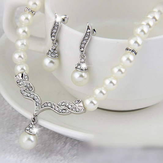Silver Pearl Necklace and Earrings Set