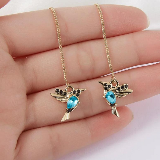 Gold and Blue Hummingbird Threader Earrings