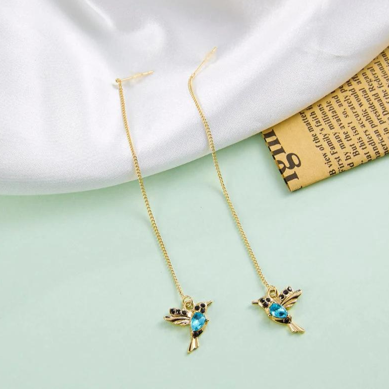 Gold and Blue Hummingbird Threader Earrings