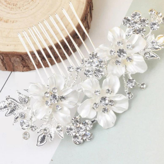 Silver Crystal Bridal Hair Comb Flower Design