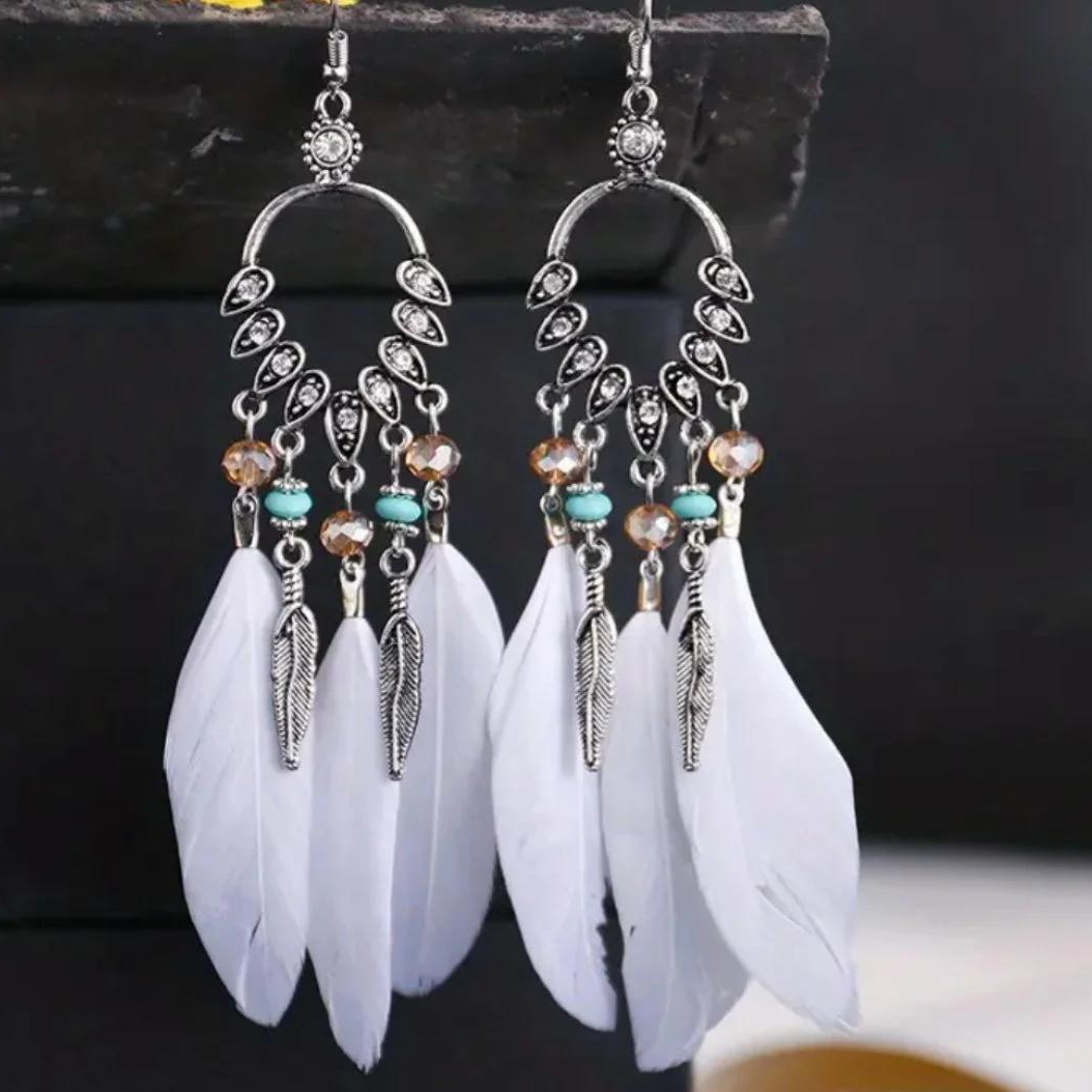 White Feather Tassel Earrings