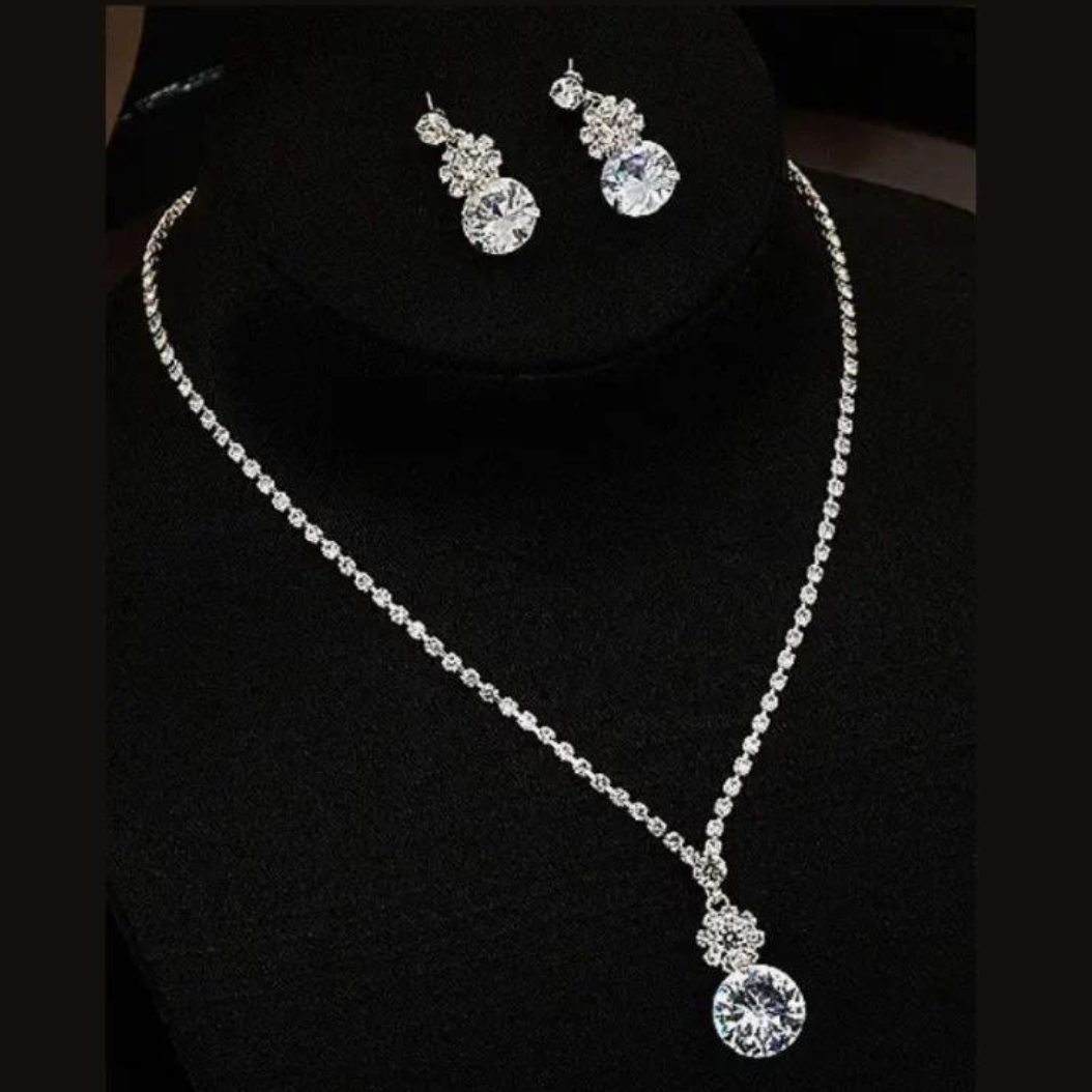 Silver Bridal Crystal Necklace and Earrings Set