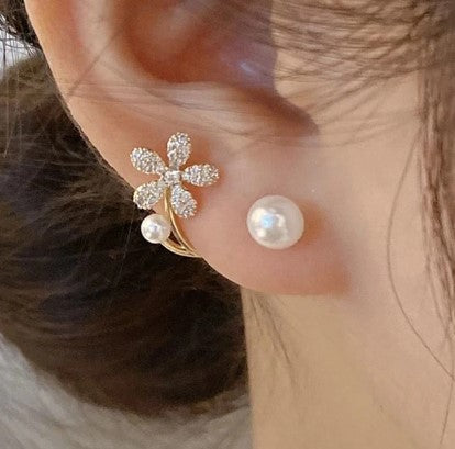 Gold Flower Pearl Stud Earrings