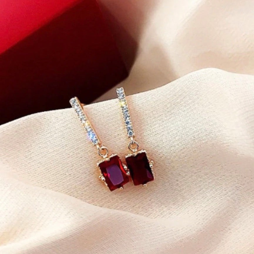 Red and Gold Square Crystal Stud Earrings