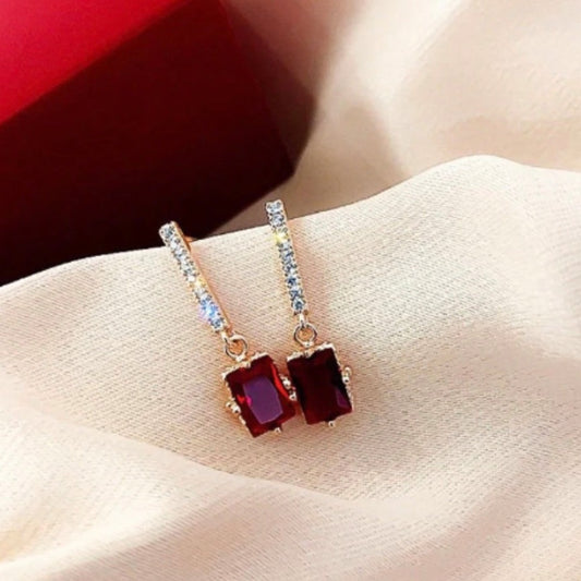 Red and Gold Square Crystal Stud Earrings