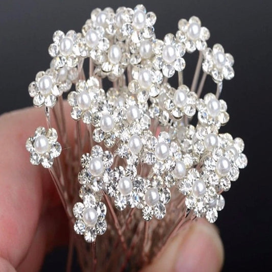 Silver Pearl Flower Hair Pins 