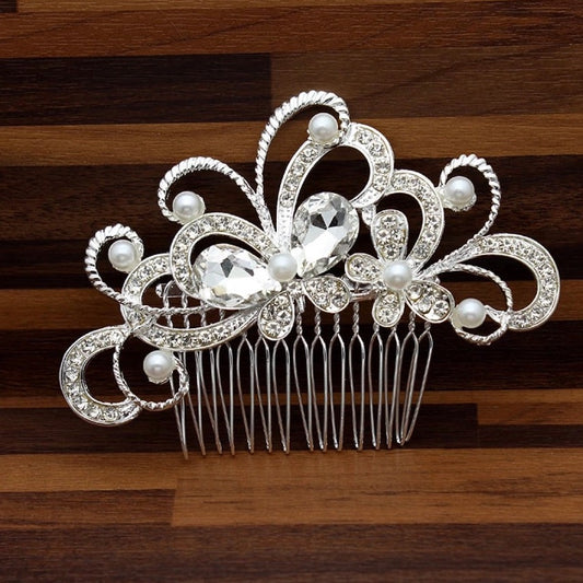 Silver Crystal and Pearl Swirl Design Bridal Hair Comb