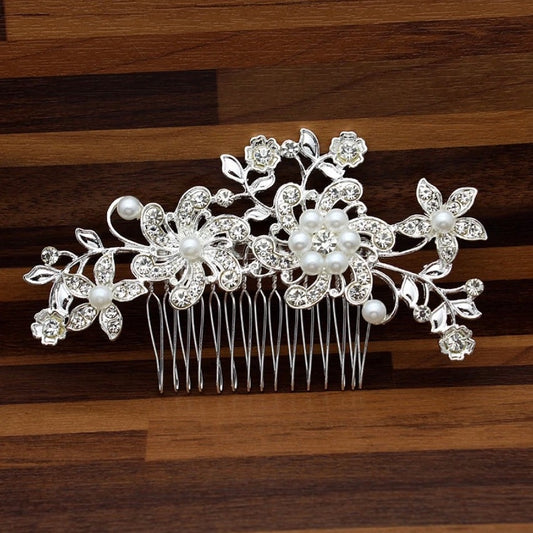 Silver Crystal and Pearl Flower Design Bridal Hair Comb 