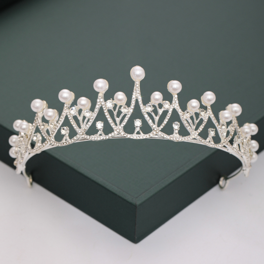 Silver Pearl and Crystal Crown Design Bridal Tiara