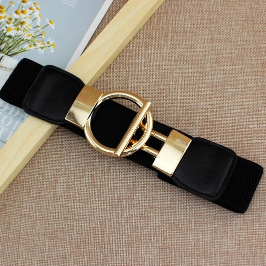 Elasticated Black Belt with Gold Buckle
