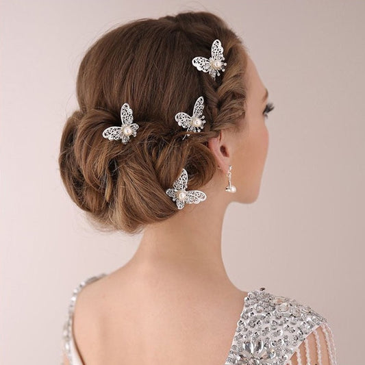 Silver Crystal and Pearl Butterfly Hair Pins