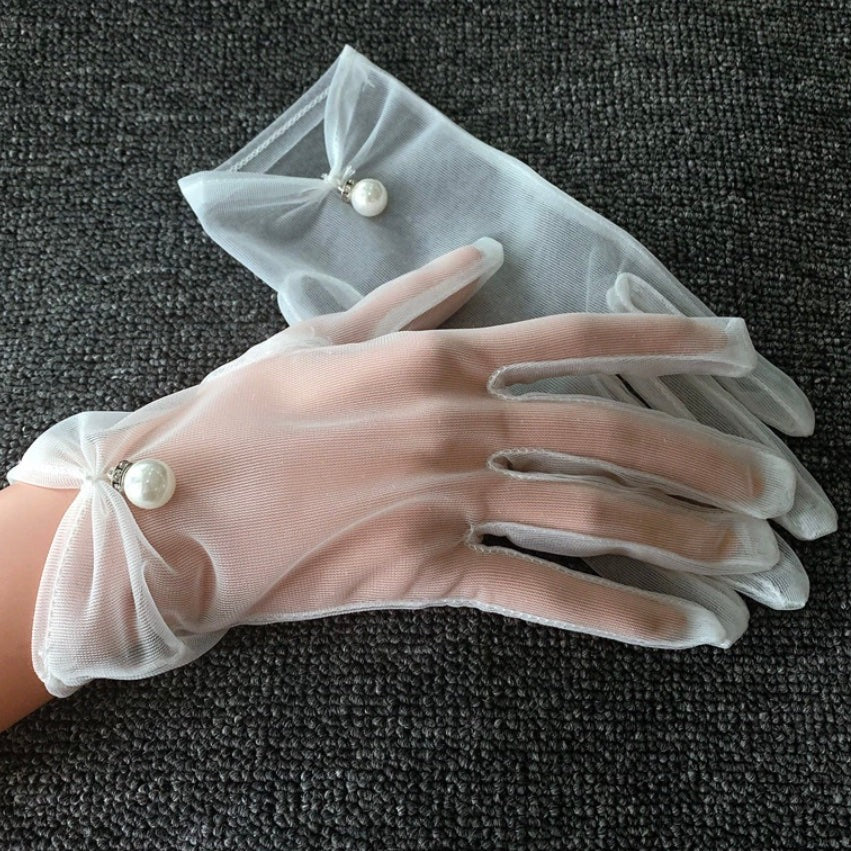 White Chiffon and Pearl Bridal Gloves