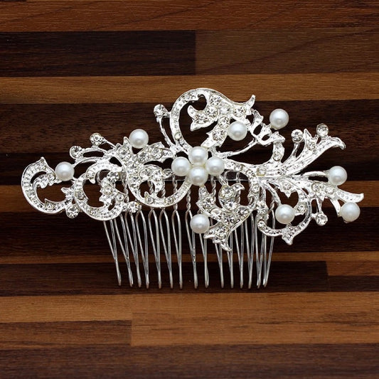 Silver Crystal and Pearl Ornate Bridal Hair Comb