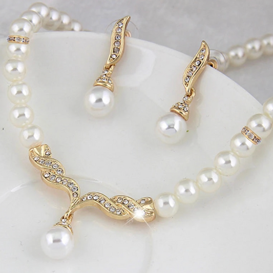 Gold Pearl Necklace and Earrings Set