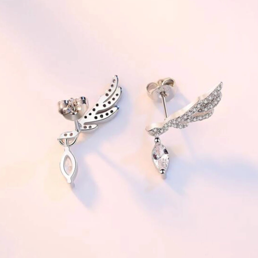 Sterling Silver Angel Wing Crystal Drop Earrings