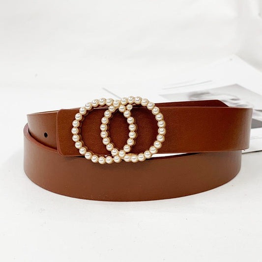 Brown Faux Leather Pearl Belt