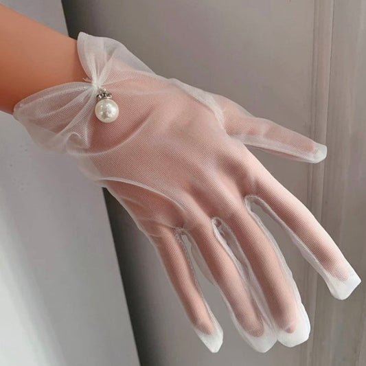White Chiffon and Pearl Bridal Gloves