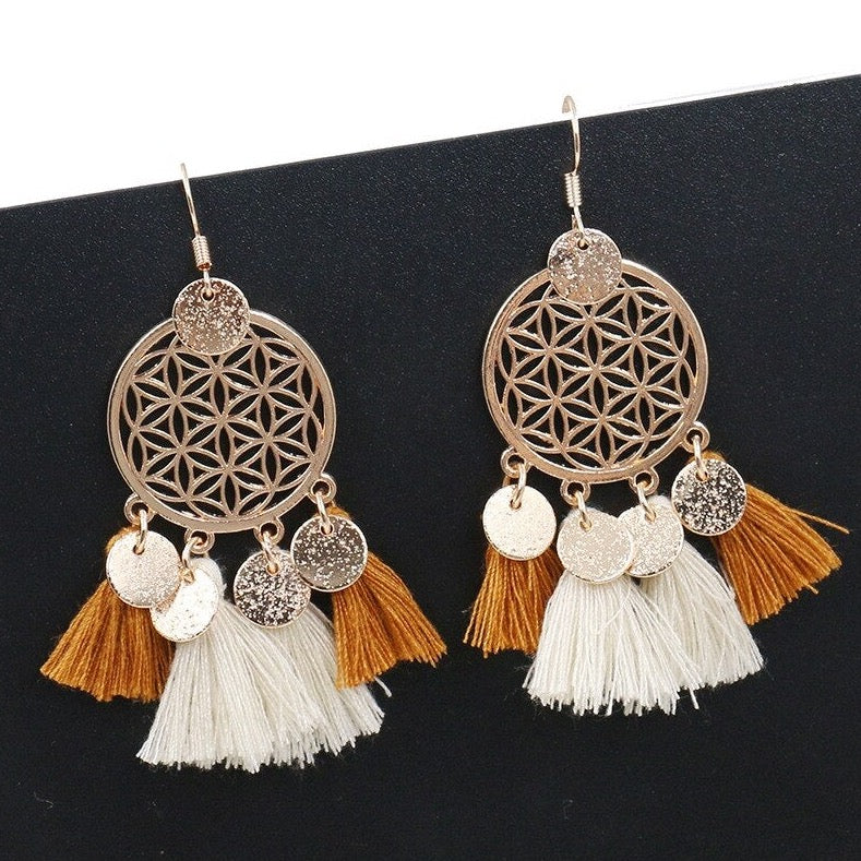 Gold and Brown Boho Tassel Earrings