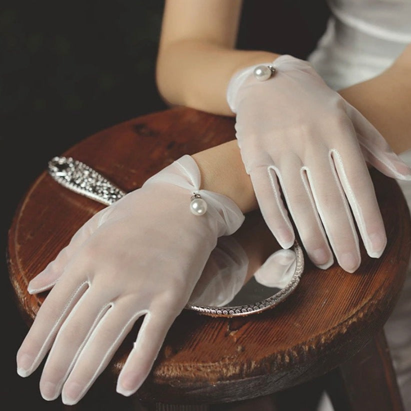 White Chiffon and Pearl Bridal Gloves