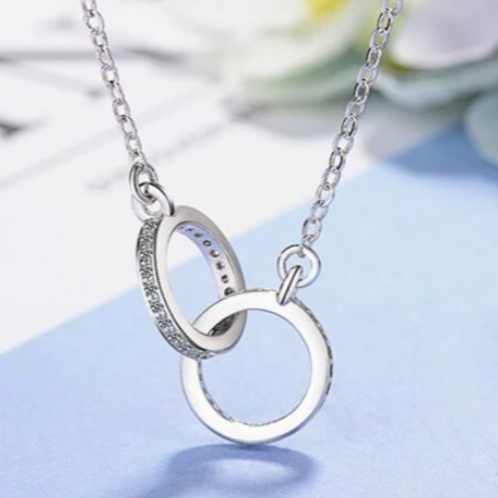 Sterling Silver Cubic Zirconia Double Circle Pendant Necklace