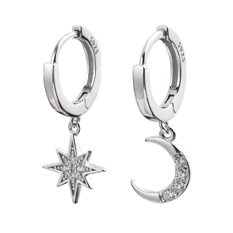 Sterling Silver Asymmetric Moon Star Hoop Earrings