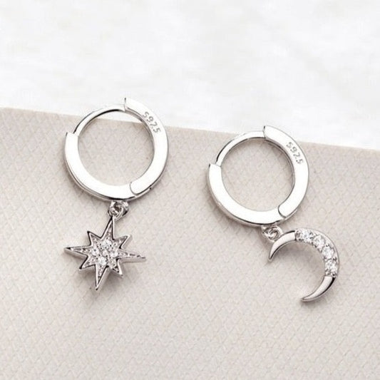 Sterling Silver Asymmetric Moon Star Hoop Earrings