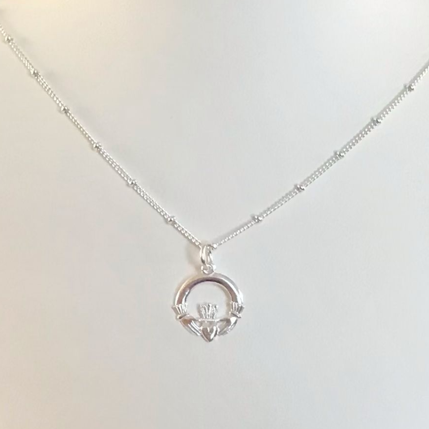 Silver Claddagh Necklace With Green Cubic Zirconia Heart