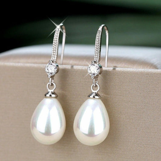 Silver Pearl and Crystal Teardrop Bridal Earrings