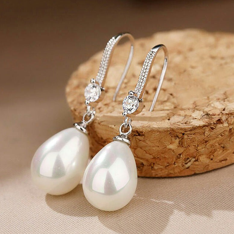 Silver Pearl and Crystal Teardrop Bridal Earrings