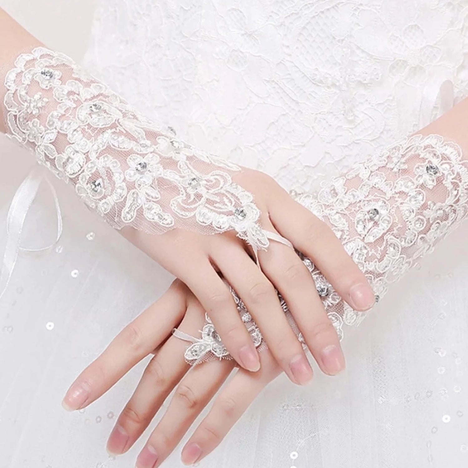 White Fingerless Lace Bridal Gloves