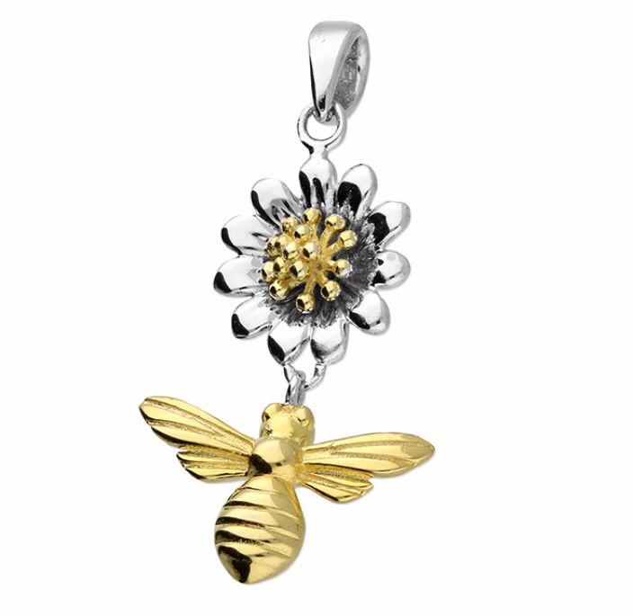 Sterling Silver Two Tone Flower and Bee Pendant Necklace