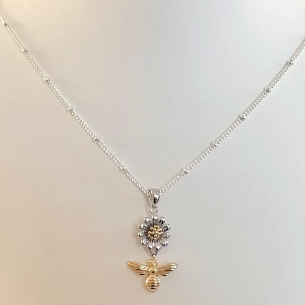 Sterling Silver Two Tone Flower and Bee Pendant Necklace