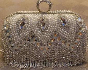 Silver Rhinestone and Pearl Embellished Clutch Bag