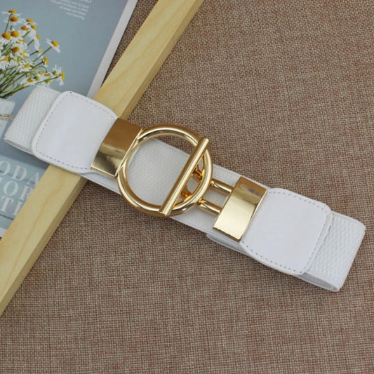 Elasticated White Belt with Gold Buckle