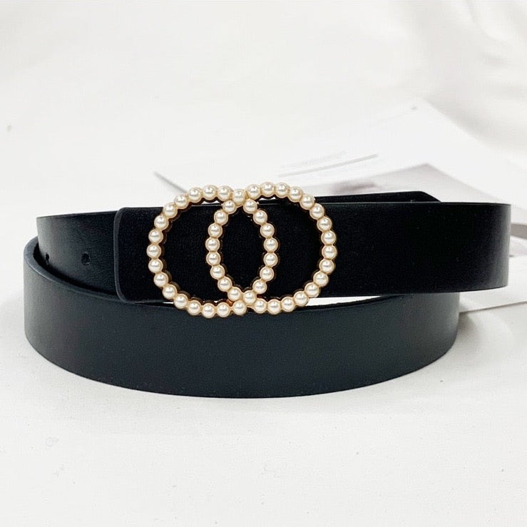 Black Leather Look Pearl Buckle Belt