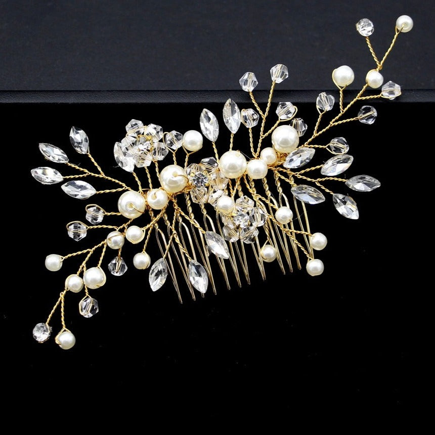 Gold Pearl and Crystal Bridal Hair Vine Comb