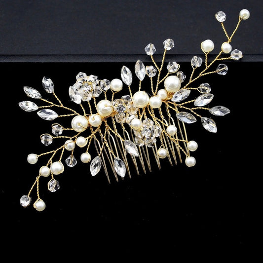 Gold Pearl and Crystal Bridal Hair Vine Comb