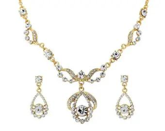 Yellow Gold Crystal Earrings and Necklace Set